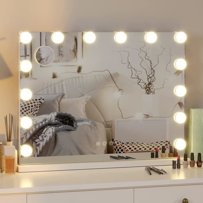 AKOFIC Hollywood Miroir de Maquillage avec Lumière Grand Miroir Vanité de Table Contrôle Tactile avec 14 Ampoules LED Réglable Replaceable et 3 Modes de Lumière L50*H40 cm Miroir Cosmétique Blanc