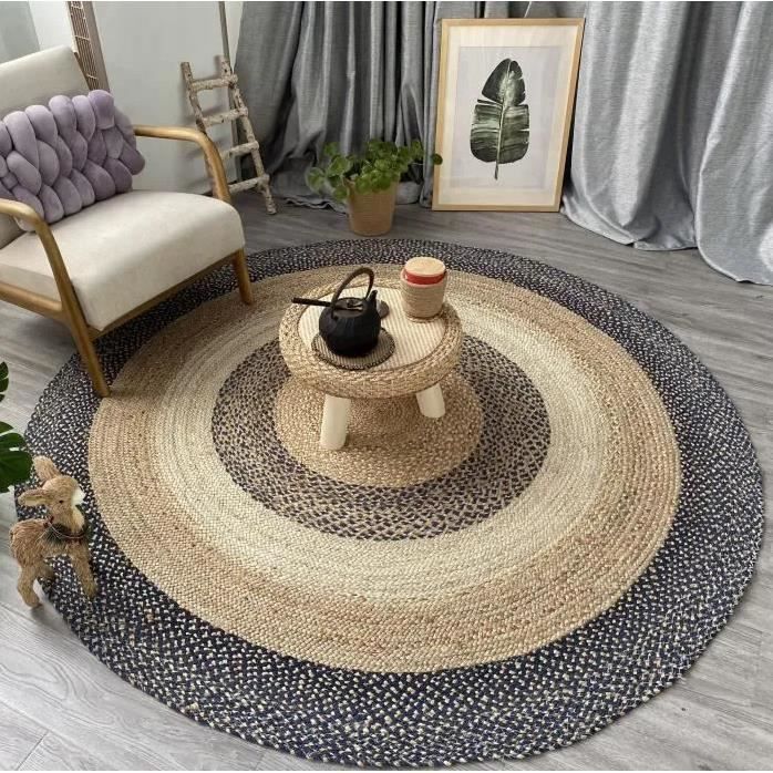 Tapis Rond En Jute Naturel Tissé Main - 160x160 Cm, Style Bohème Scandinave, Beige, Pour Salon/chambre, Compatible Chauffage Au Sol