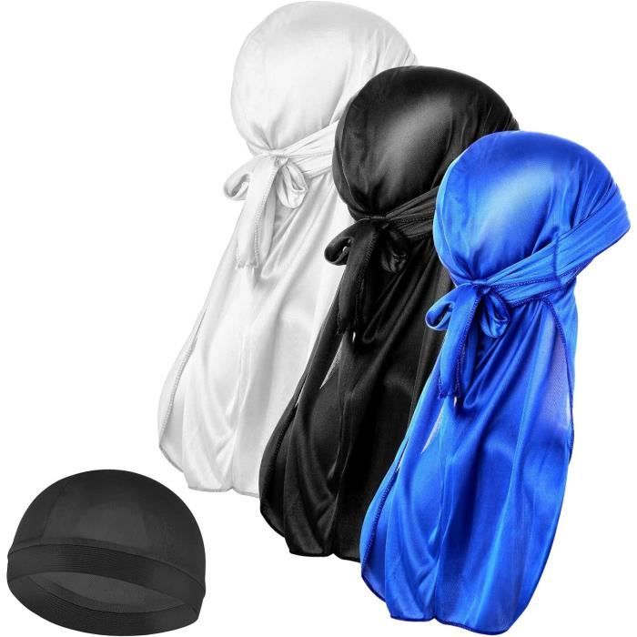 Lot de 2 bonnets Durag soyeux avec longue queue et 1 bonnet ondulé en soie,  parfaits pour les hommes, 360 vagues, style 3, taille unique