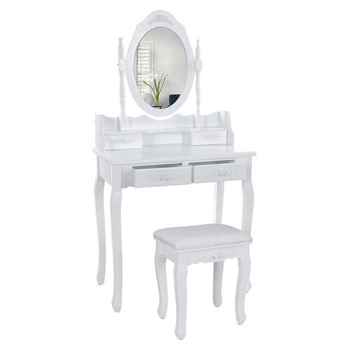 coiffeuse maquillage avec miroirs - meuble blanc - style victorien - 3 tiroirs - tabouret