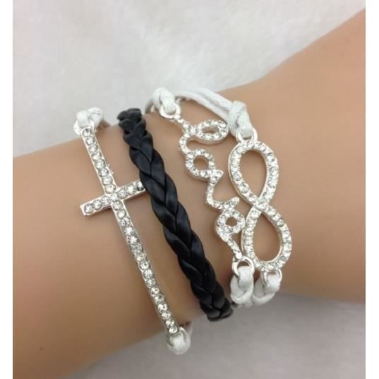 Bracelet blanc strass croix crusifix love infini
