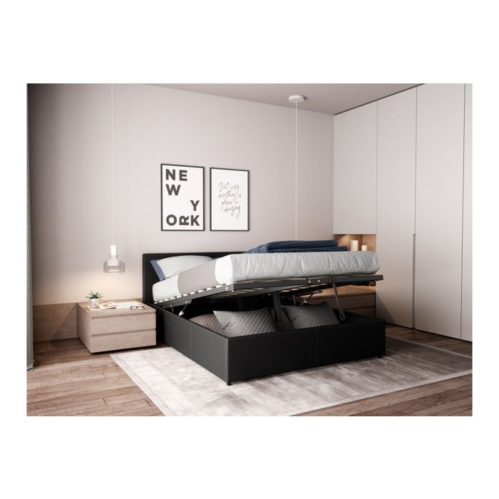 Cadre de lit EDGAR avec sommier relevable à lattes en simili - Noir Largeur - 140 cm Cadre de lit EDGAR avec sommier relevable à lattes en simili - Noir Largeur - 140 cm