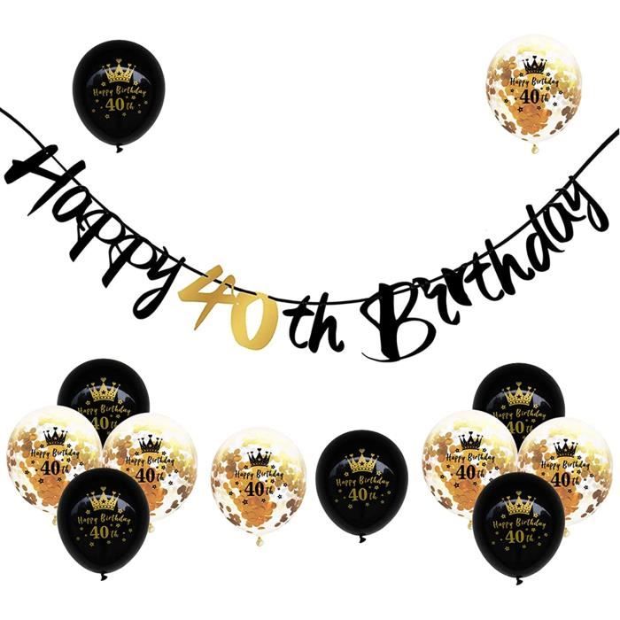 Kit Décoration Anniversaire Noir Or – Bannière Joyeux Anniversaire, Ballons Confettis, Guirlandes Spirales