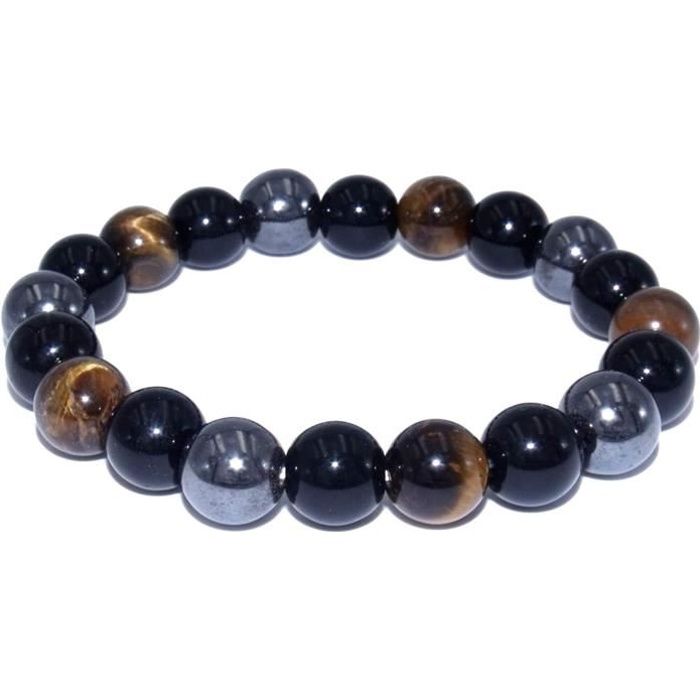 Bracelet triple protection oeil de tigre obsidienne hématite - CIMORAL - Boules 10 mm - Taille 18 cm