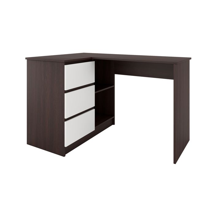 SUNDAR | Bureau informatique d'angle moderne 124x85x77 | 3 tiroirs + 2 grandes niches | Table ordinateur multi-rangements | Wenge-Bl