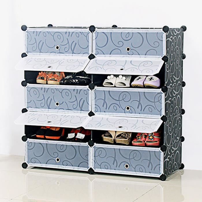 Armoire à Chaussures - Meuble à Chaussures - 10 Cubes - Noir gaufré - Plastique
