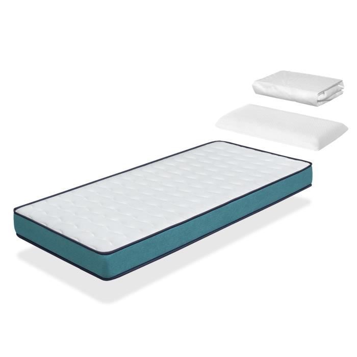 Pack Matelas 90X140 LIT ENFANTS h14 CM CONFORT PRO + 1 oreiller junior 90x35 cm + 1 Protège matelas 90x140 cm
