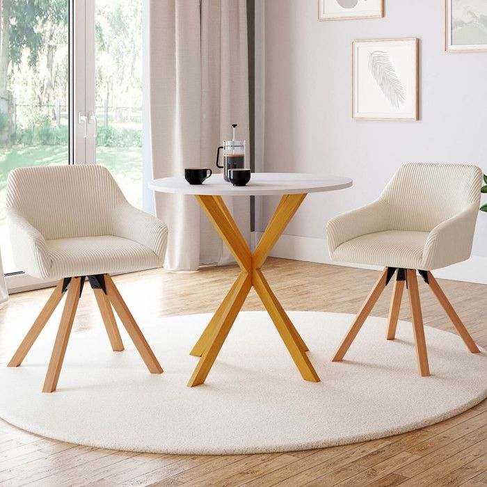 IDMARKET Lot de 2 chaises pivotantes 360° de salle à manger JANY velours côtelé beige