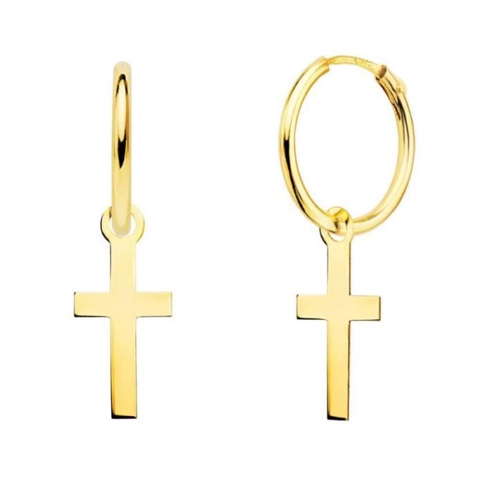 Boucles dOreilles Créoles Or 18 Carats 750/000 Jaune - Charms Croix Pendantes - LATELIER DAZUR