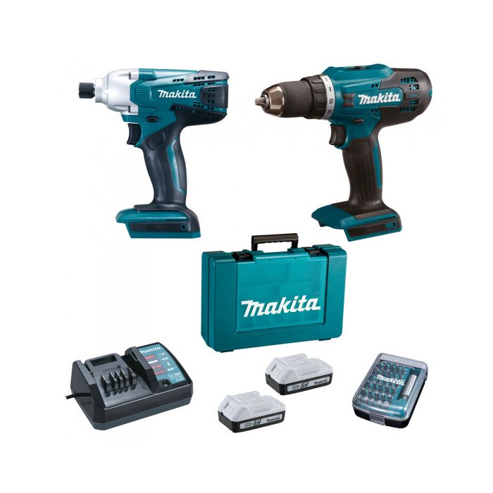 Perceuse sans fil 18V DF4880 + clé à chocs 18V TD127D MAKITA avec 2 batteries 18V 1.5 Ah + chargeur + 30 embouts DK18A35X1 - vue 2
