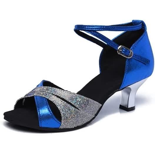 sandales de danses latines - bininbox - talons moyens - bout ouvert - cuir - femme - bleu foncé