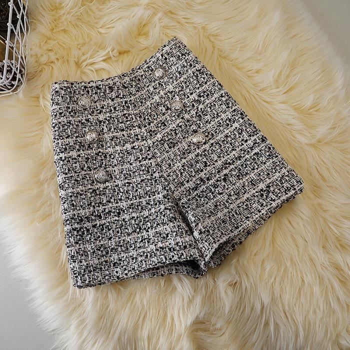 Femme Short en Tweed Taille Haute D contract Ample et Slim pour