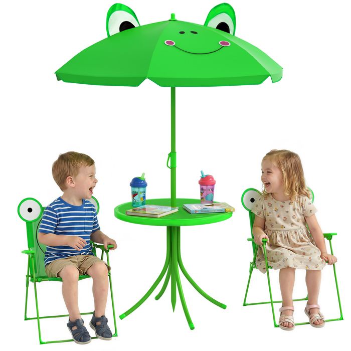 Ensemble salon de jardin - Outsunny - enfant 4 pcs design grenouille table 2 chaises parasol - métal oxford - vert