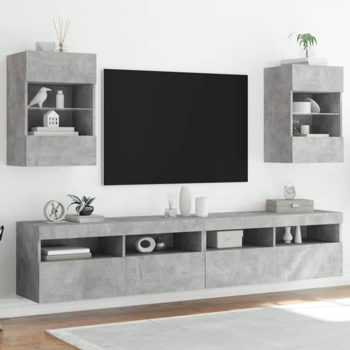 Meuble TV mural - SALUTUYA - BD2980 - Gris béton - 2 compartiments - Étagère en verre