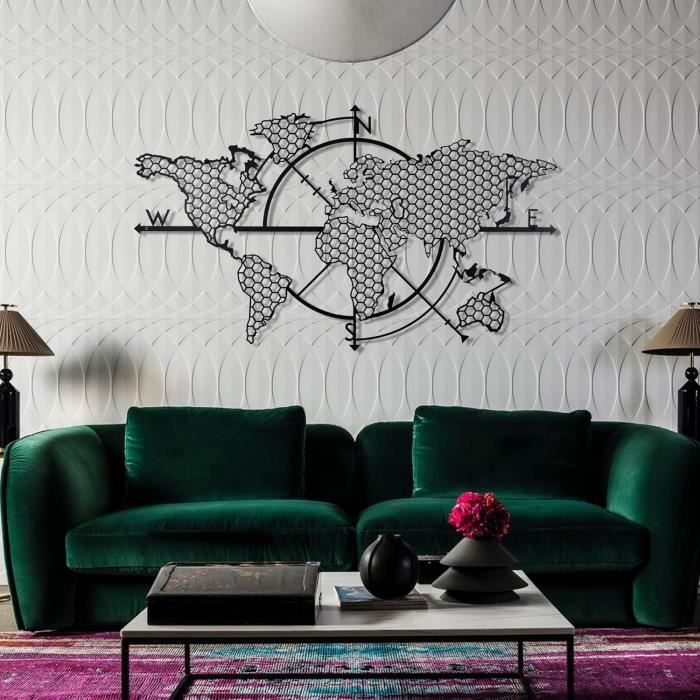 Carte Du Monde Murale En Métal DEKORY – Décoration Art Déco Noire Avec Points Cardinaux