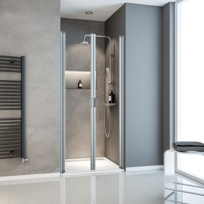 Schulte porte de douche 2 battants 90x180 cm porte de douche battante en niche anticalcaire. verre 5 mm transparent alu-nature