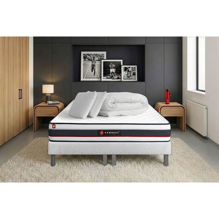 Pack double sommier 100x200 + matelas FORM 200x200 + 2 oreillers mémoire de forme + Couette Percale 200 x 200 cm Blanc