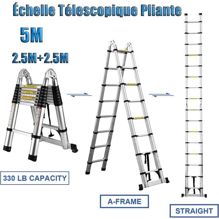 TOKIUS Échelle Télescopique Portable Pliante 5M(2.5M + 2.5M),EN131,Charge 150 kg
