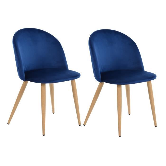 URBAN MEUBLE - Lot de 2 chaises à repas en velours bleu nuit - Style scandinave - pieds métal effet bois - 56*50*79cm