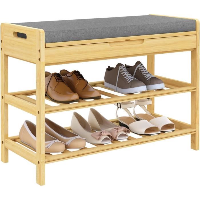 Banc à Chaussures - WOLTU - Siège Rembourré - 2 Étagères - Bambou + Gris