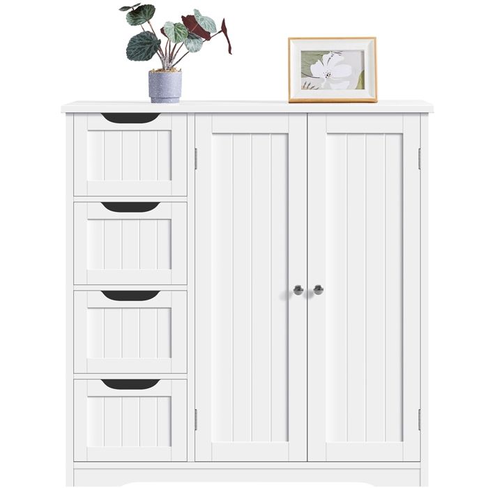 Yaheetech Armoire Salle de Bain avec 4 Tiroirs et 1 Large Placard Etagère Réglable en Hauteur 81 × 30 × 83 cm Blanc