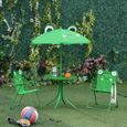 Ensemble salon de jardin enfant 4 pcs design grenouille - table ronde + 2 chaises pliables + parasol - métal époxy oxford vert-1