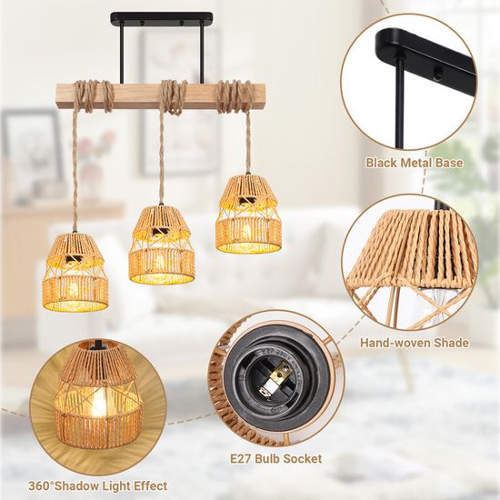 Luminaire Suspendu Industriel à 3 Lampshades En Bois Naturel - Noir Mat - Pivotant Réglable - Max 3x60W E27