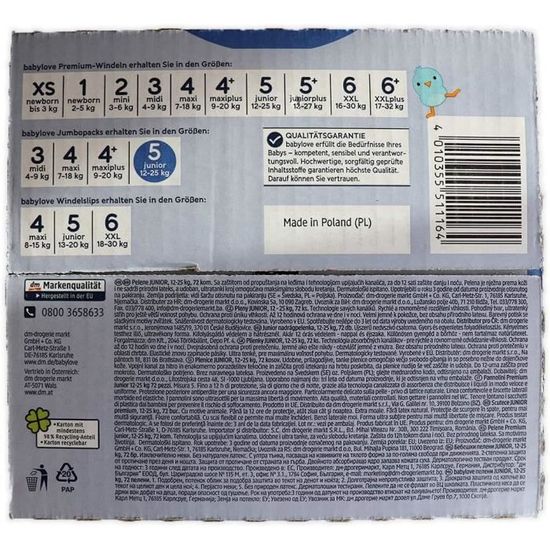 Couches Babylove Premium Active Plus Taille 5 - Lot De 72 - Pour Enfants 12-25 Kg - Absorption Rapide