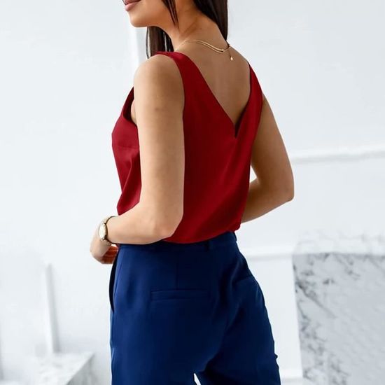 Blouse Femme Sans Manches CMTOP - Col V Satin - Tops Décontracté été - Multiple Coloris Et Tailles