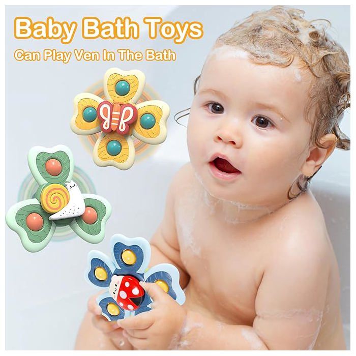 Spinner Bébé Ventouse 4 Pièces – Jouet Sensoriel Bain, Chaise Haute Et Voyage, Silicone Alimentaire, Dès 3 Mois – Cadeau Baptême Anniversaire