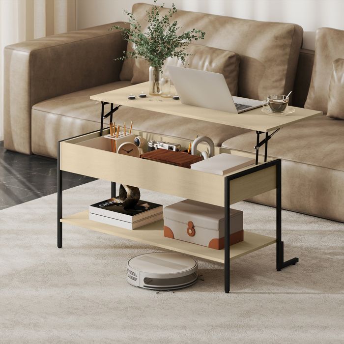 Table Basse Relevable HOMCOM - Design Industriel, Plateau Liftable, Rangement Caché Et étagère, 95x40x59 Cm, Effet Bois