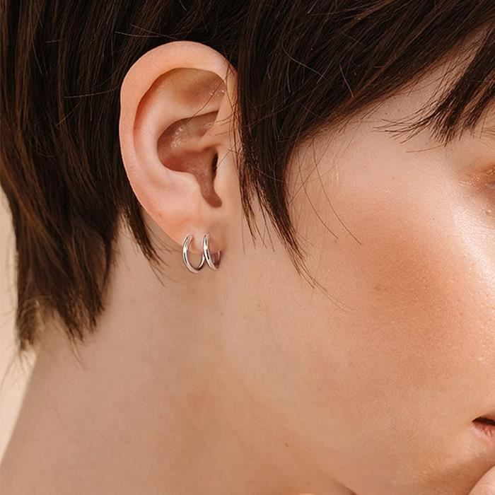 Boucles D'oreilles Femme Créoles Argent 925 - Double Anneau, Hypoallergénique - Longueur 2,7 Cm - Cadeau Saint-Valentin, Anniversaire