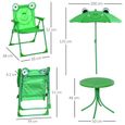 Ensemble salon de jardin enfant 4 pcs design grenouille - table ronde + 2 chaises pliables + parasol - métal époxy oxford vert-2