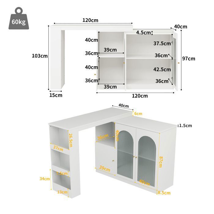 Table De Bar Extensible, Pivotante à 360°, Moderne, Îlot Blanche (138-204 X 39 X 104 Cm) - Bar Table De Bar Extensible, Pivotante à 360°, Moderne, Îlot Blanche (138-204 X 39 X 104 Cm) - Bar