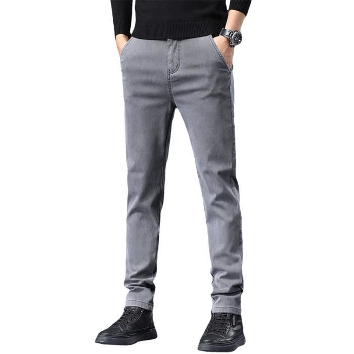 Jeans Homme Slim Décontracté - Denim Gris Bleu - Taille Haute, Coupe Droite - Pour Automne/hiver - Style Classique
