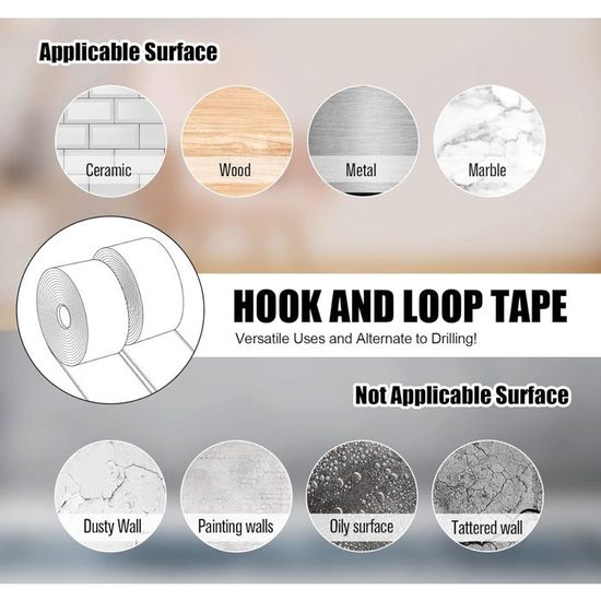 AiQInu Scratch Autocollant Double Face 5m - Bande Adhésive Velcro 16mm - Forte Adhésion Pour Bricolage Et Maison
