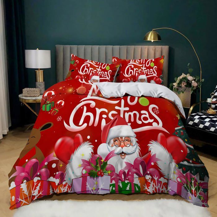 Housse De Couette Noël 220x240cm Avec 2 Taies D'oreiller - Motif Père Noël, Cerfs, Arbre De Noël 3D - Microfibre Douce - 10