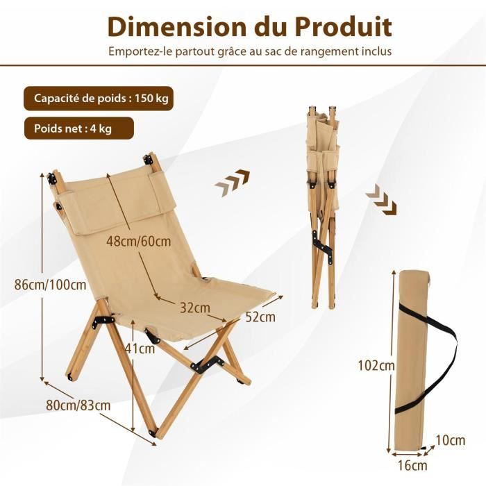 Chaise De Camping Pliante OVERMONT XXL - Dossier Haut, 150 Kg, Porte-gobelet - Pour Randonnée, Pêche - 12