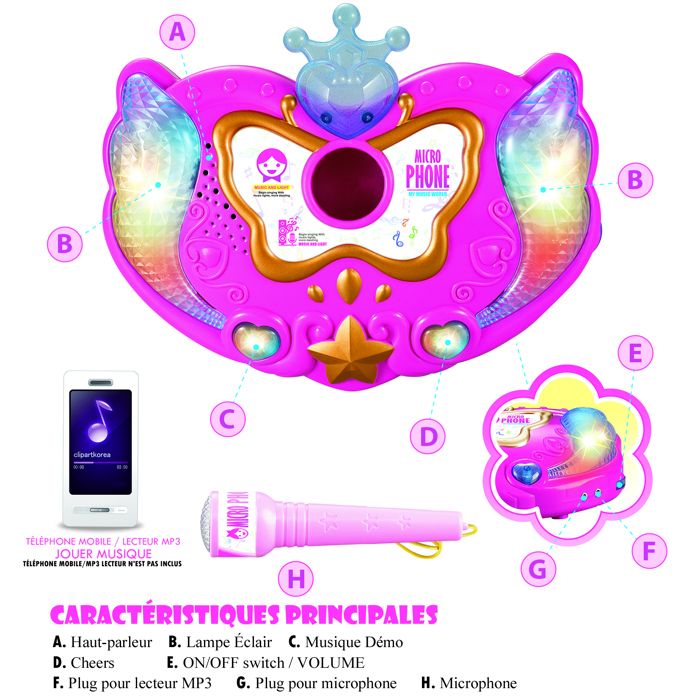 Microphone Enfant Sur Pied Avec Lumière - Jouet Chant, Scène, Avec Câble MP3, Pile AA Non Incluses