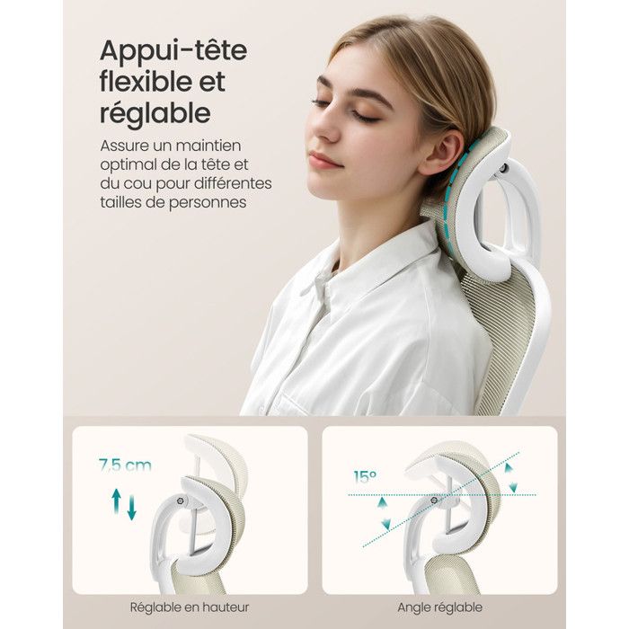 Chaise De Bureau Ergonomique SONGMICS - Dossier En Maille Respirante - Soutien Lombaire Adaptatif - Appui-tête Et Accoudoirs Réglables - Capacité 120 Kg - Beige Sable