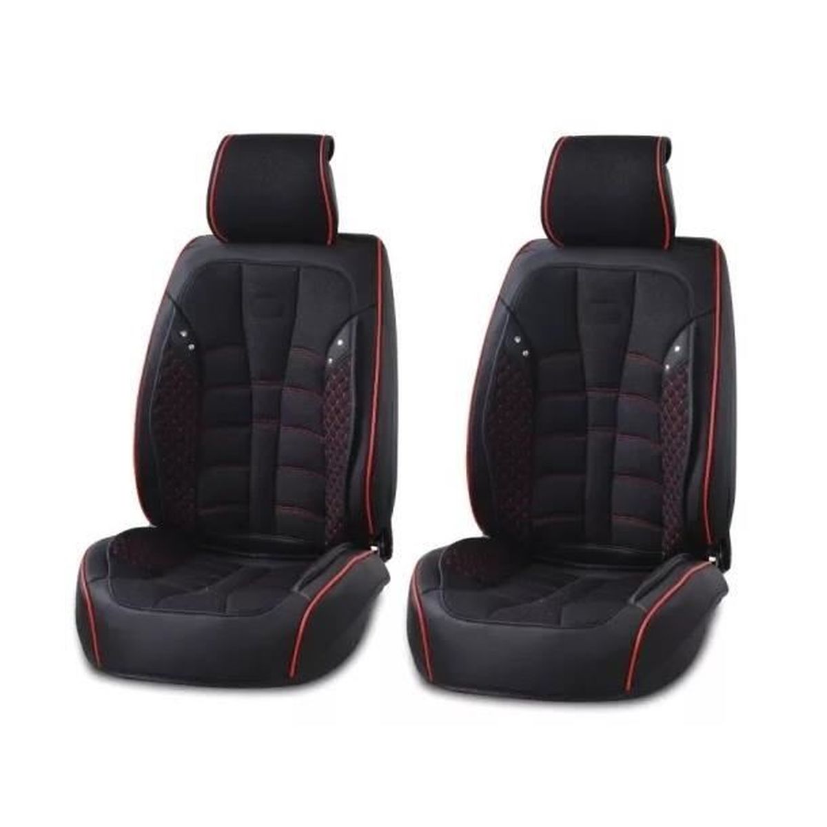 2 Housses De Sieges Avant Voiture Noir Rouge En Cuir Et Tissu Pour