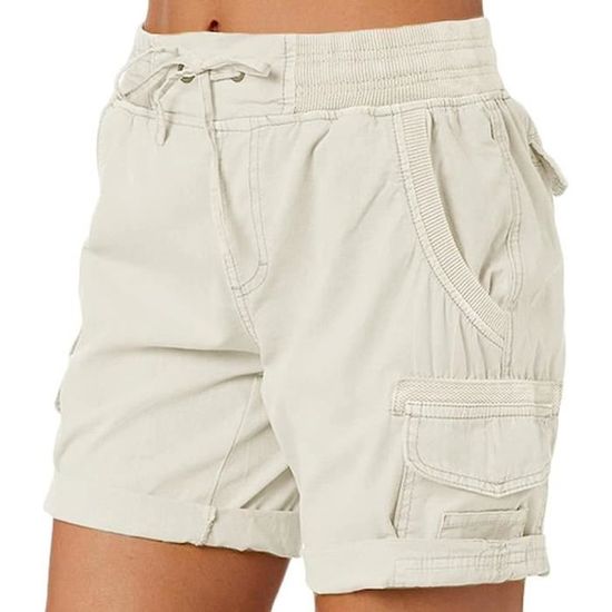 Short Long Femme été - Taille Haute élastique, Poches - 95% Coton - Pour Vacances, Ville, Décontracté - 6