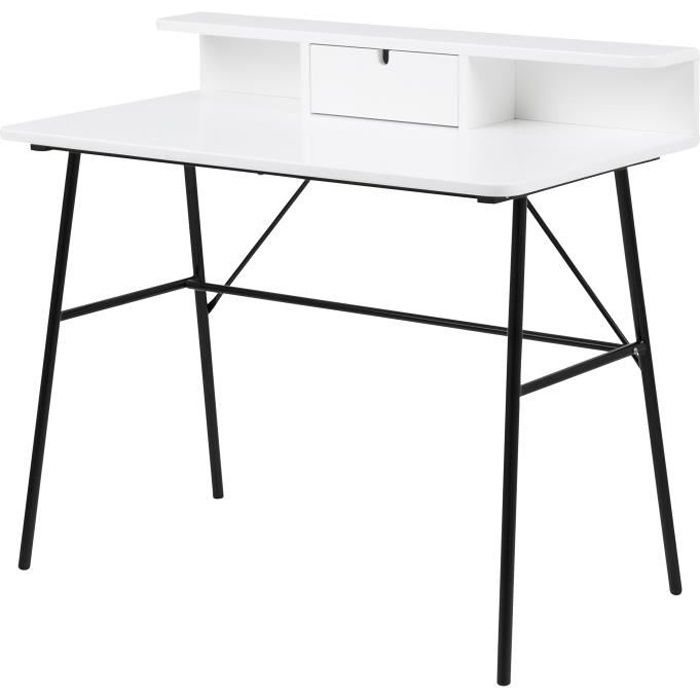 PASCAL Bureau contemporain laqué blanc + pieds en acier laqué noir - L 100 cm