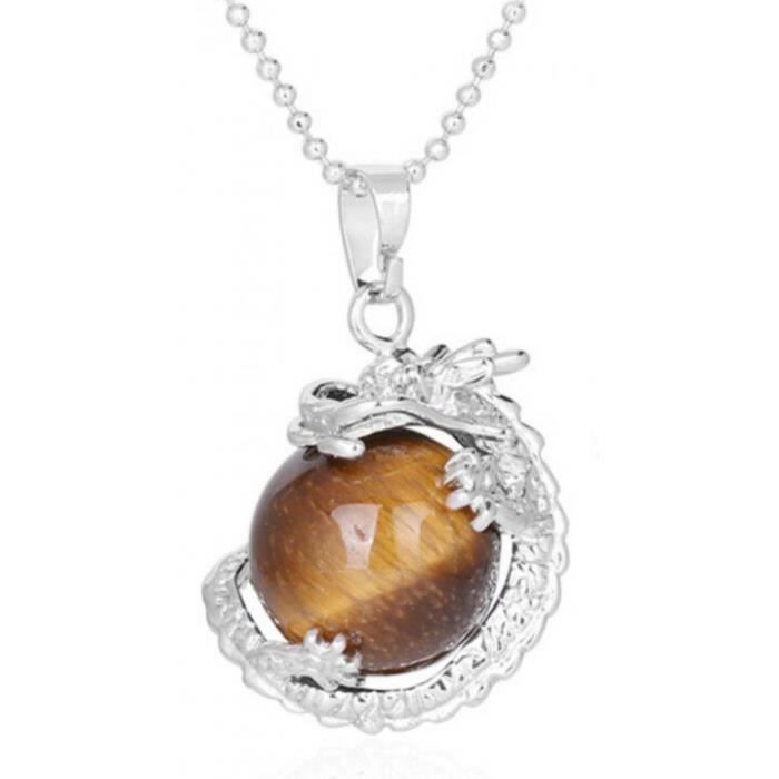 Collier avec pendentif Dragon et boule en Oeil de Tigre Marron