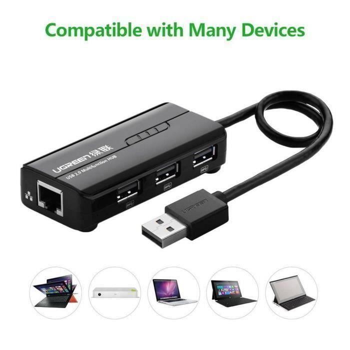 UGREEN 3-Port Hub USB 2.0 LAN Ethernet 100Mbps RJ45 Adaptateur réseau pour PC_poi272