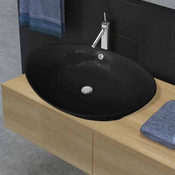 joli3899Magnifique Haute qualité Parfait - Lavabo ovale en céramique noir avec trop plein - Lavabo de Salle de Bain - Vasque à Pos