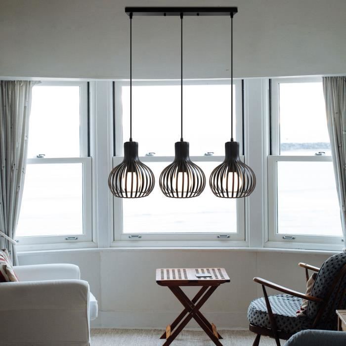 Gobel Lustre à long mât de forme rétro Industriel vintage 3 lumières Plafonniers suspendus noir
