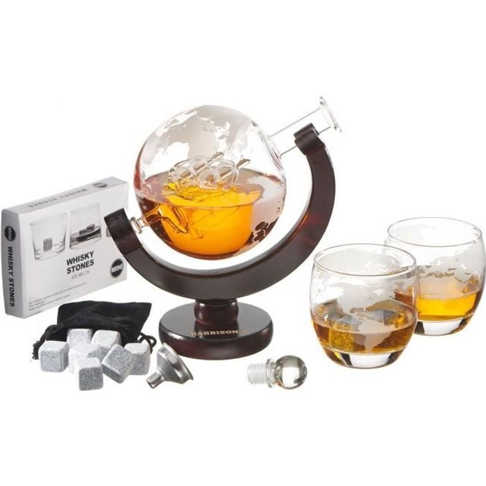 Ensemble Harrison's Finest - Avec carafe à whisky de 850 ml, bouchon en verre et 2 verres gravés - Motif de planète terre -