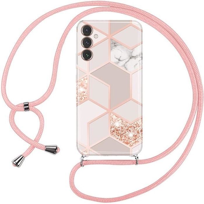 Coque Tour de Cou pour Samsung Galaxy A14 4G/5G Rose Anti-Choc Anti-Rayure Protection Silicone