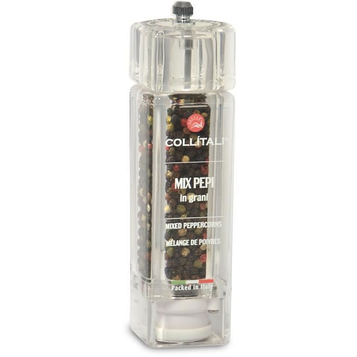 COLLITALI Moulin carré acrylique rechargeable, mécanisme céramique, visse règlage mouture, Mélange 4 POIVRES 58 g